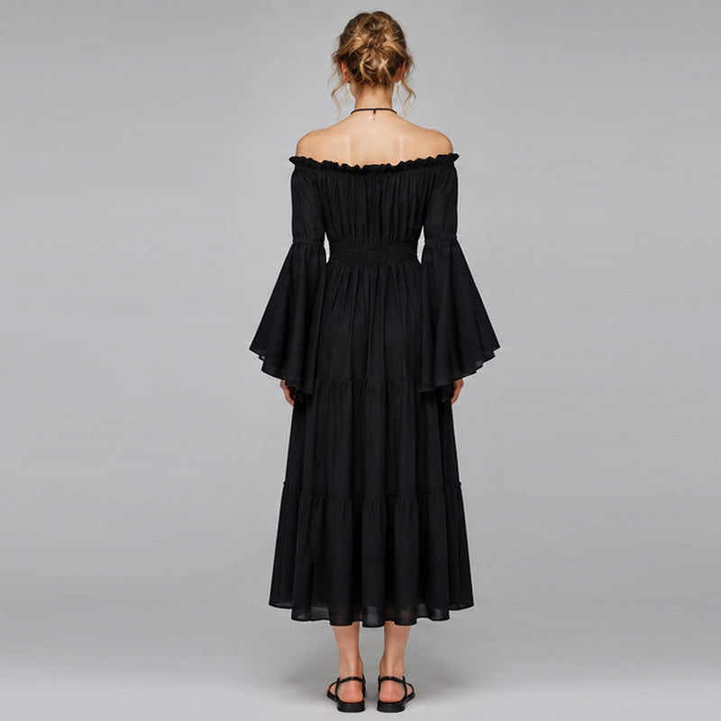 Halloween Black Off-Shoulder Tiered Midi Dress with Bell Sleeves