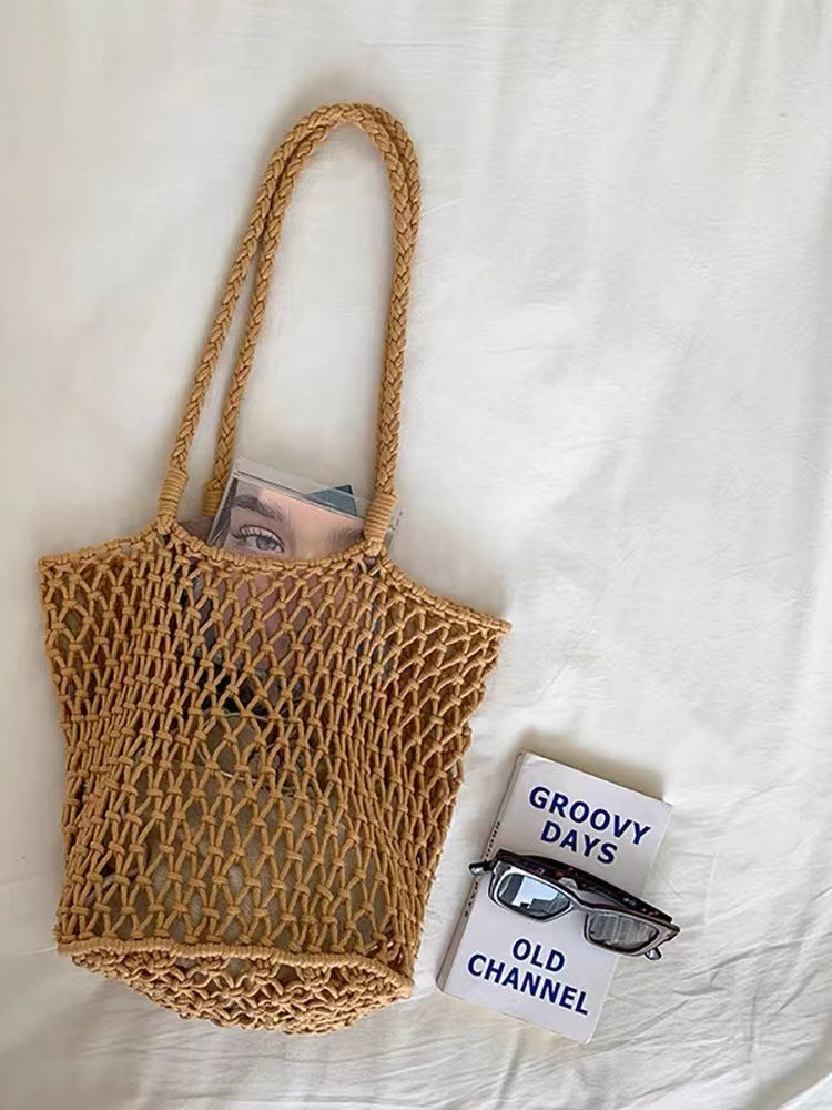 Women Simple Cotton Woven Large Mesh Shoulder Handmade Beach Bag