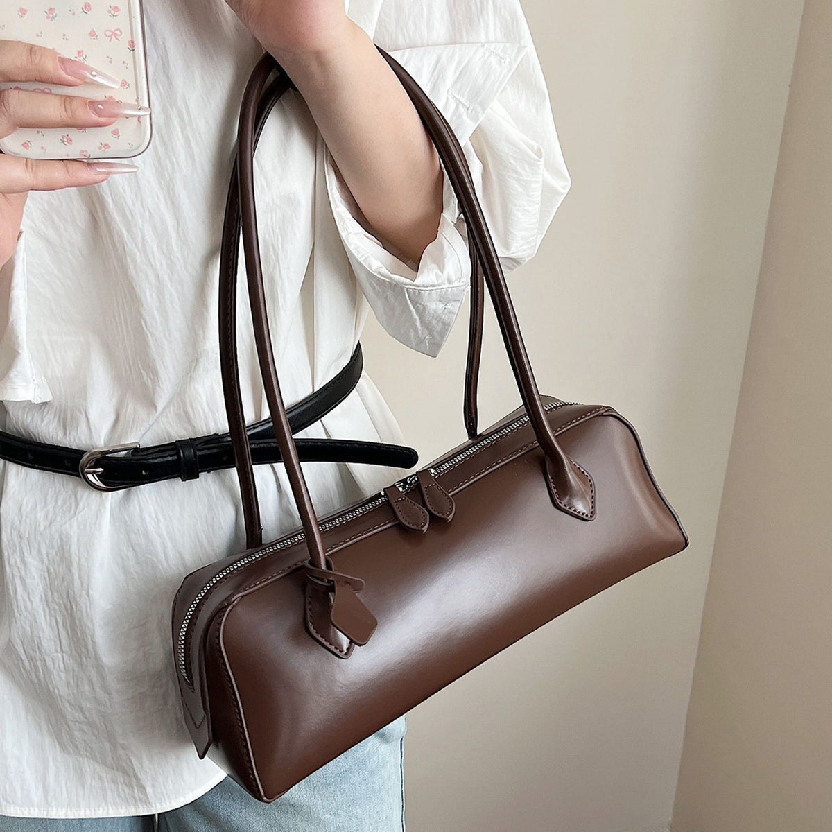 Minimalist East West PU Leather Baguette Shoulder Bag