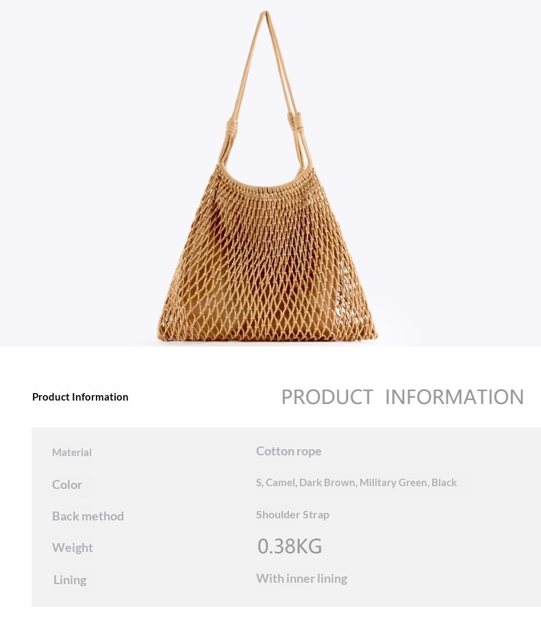 Oversized Boho Handwoven Cotton Rope Net Shoulder Bag with Inner Lining