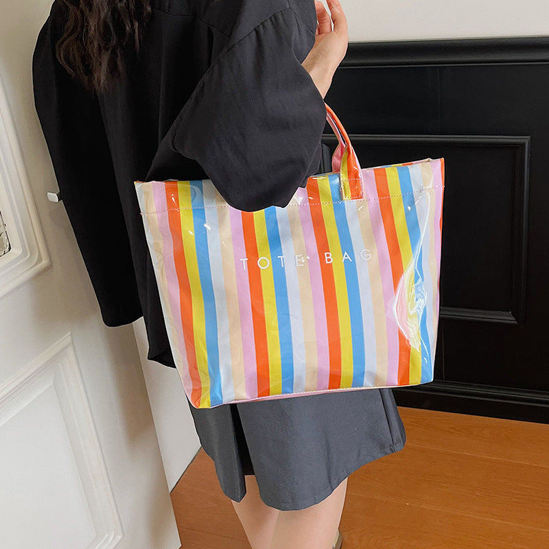 Vertical Stripe Rainbow PVC Tote Bag