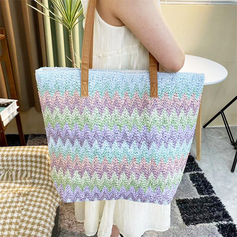 Large Capacity Handmade Wavy Striped Straw Tote Bag