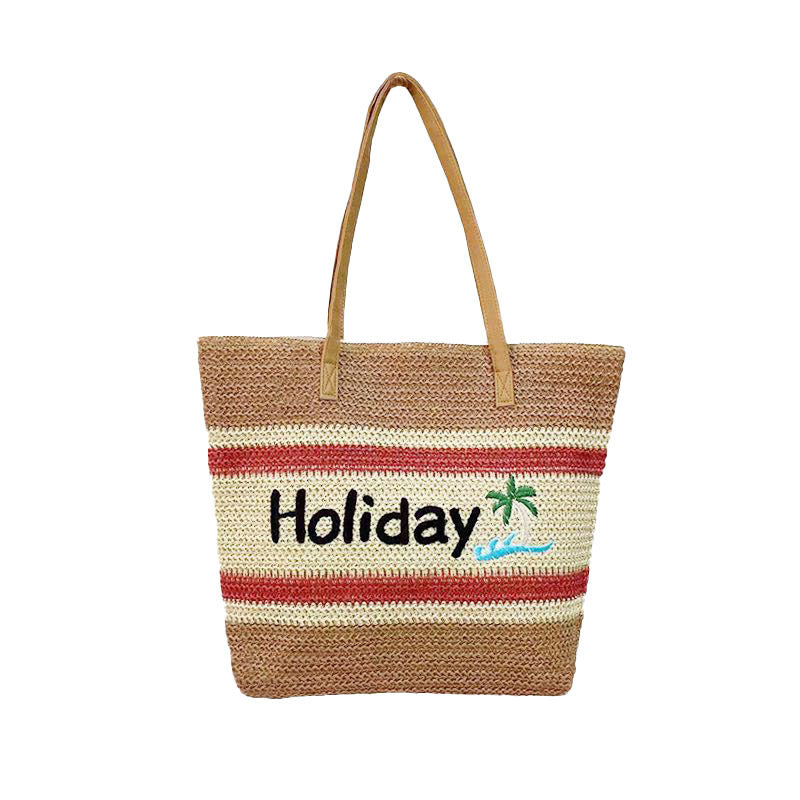 Striped Contrast Letter Embroidery Woven Beach Shoulder Bag