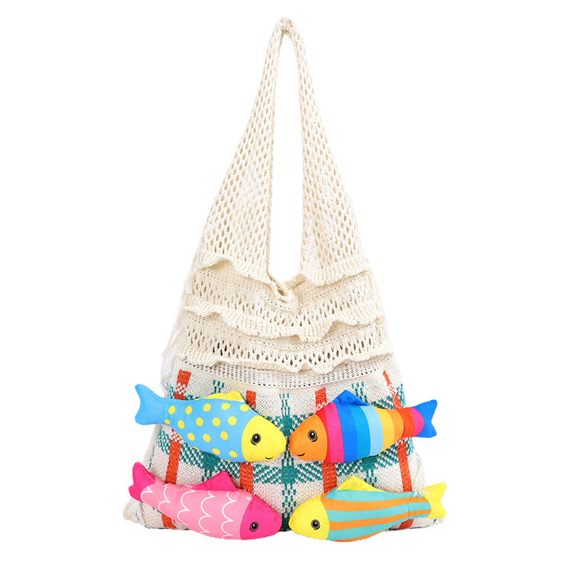 Cozy Crochet Fish Applique Fringe Tassels Shoulder Bag