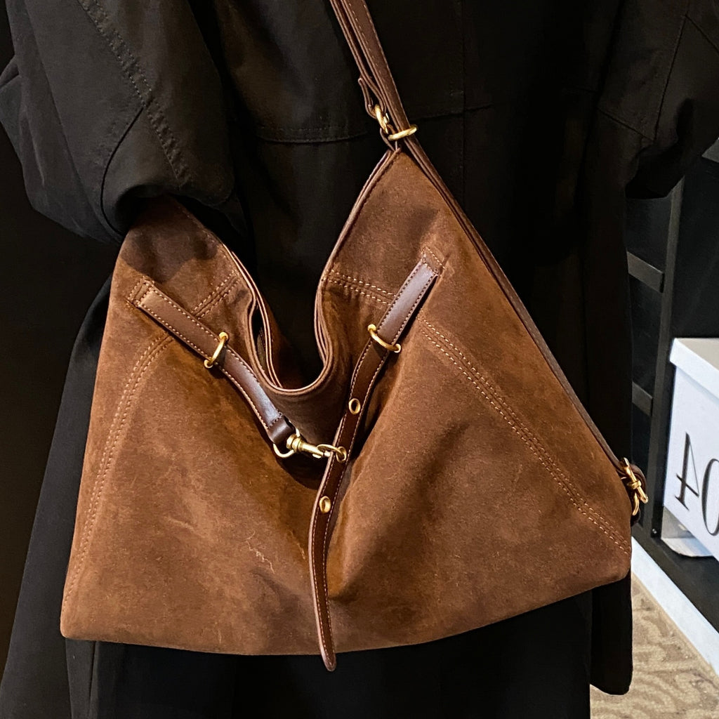 Cozy Suede Look Shoulder Bag with Buckle Detail