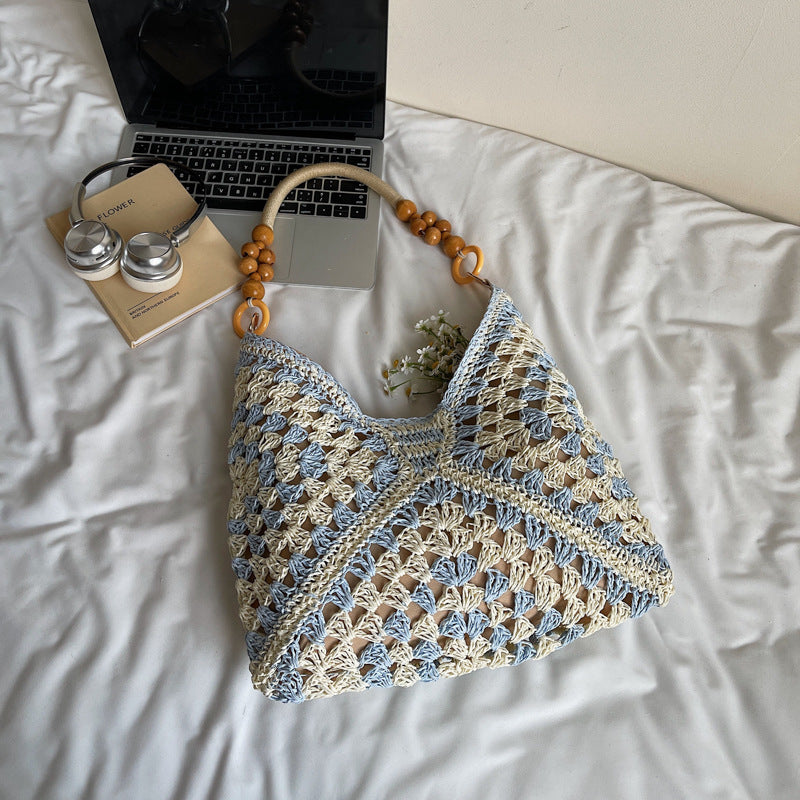 Women Summer Hollow Straw 2026 New Vintage Wood Bead Shoulder Beach Bag