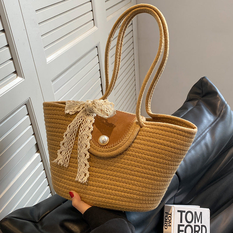 New Straw Woven Bag, Woven Holiday Backpack, Fashionable And Versatile One-Shoulder Large-Capacity Tote Travel Beach Bucket Bag