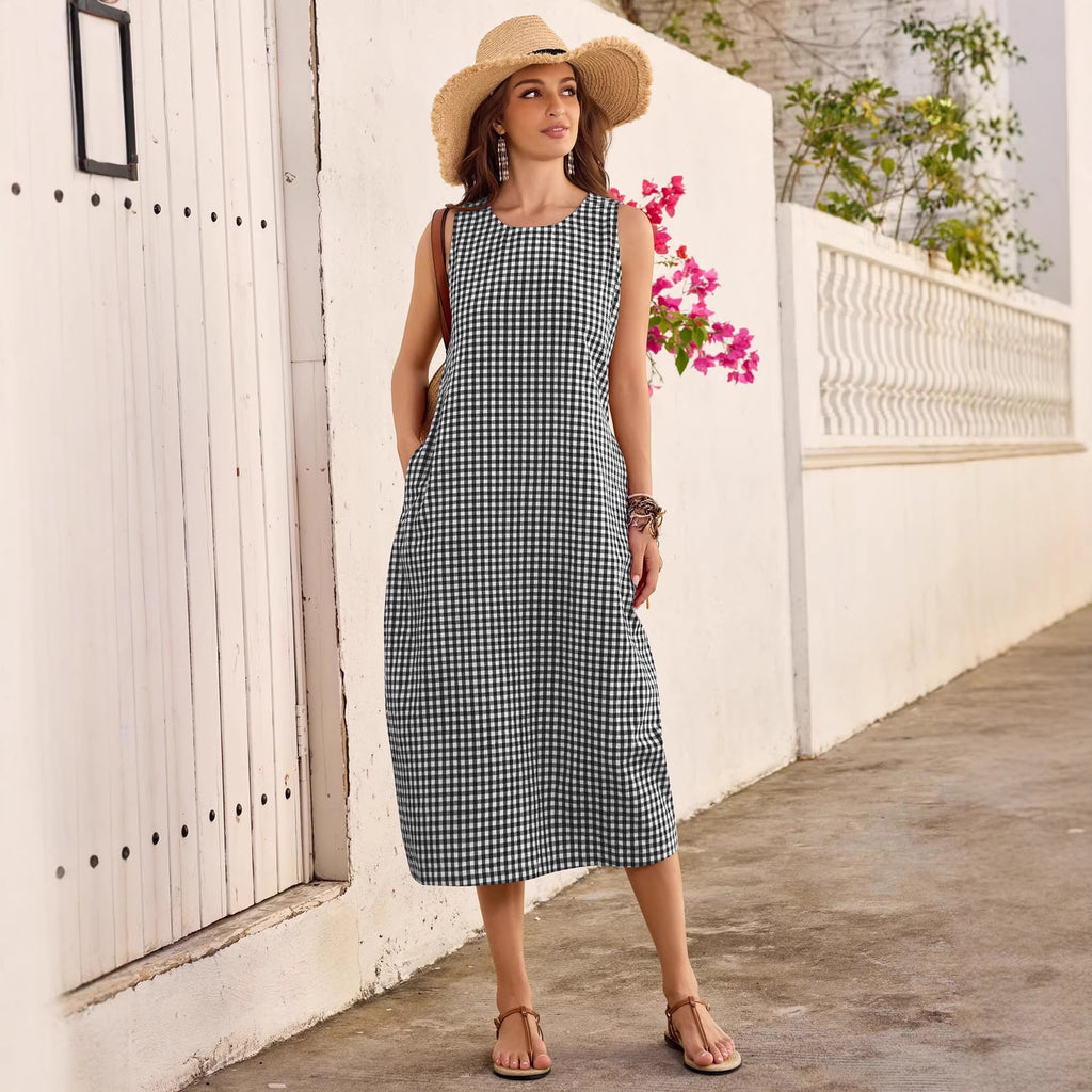 Women Pocket Loose Sleeveless Plaid Dress