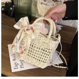 Women Bow Hollow Square Handheld Crossbody Vintage Straw Beach Bag