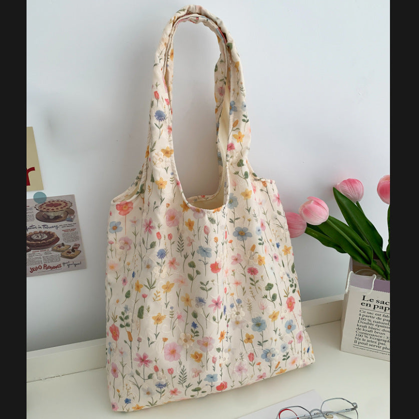 Embroidered Floral Canvas Shoulder Bag Fresh Versatile
