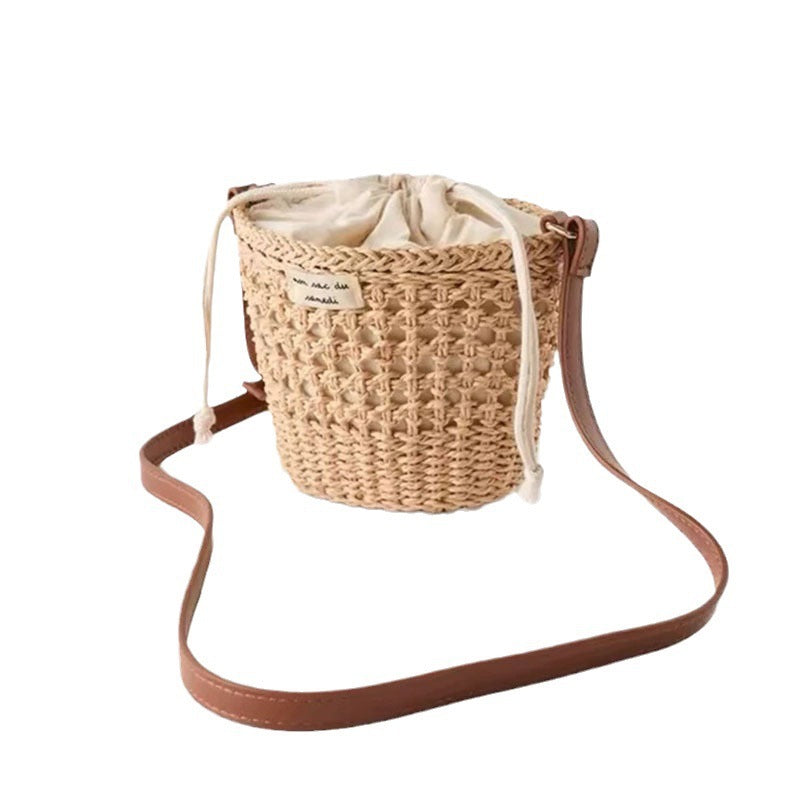 Women Cute Hollow Straw Bucket Bag, Vacation Beach Crossbody Shoulder Bag