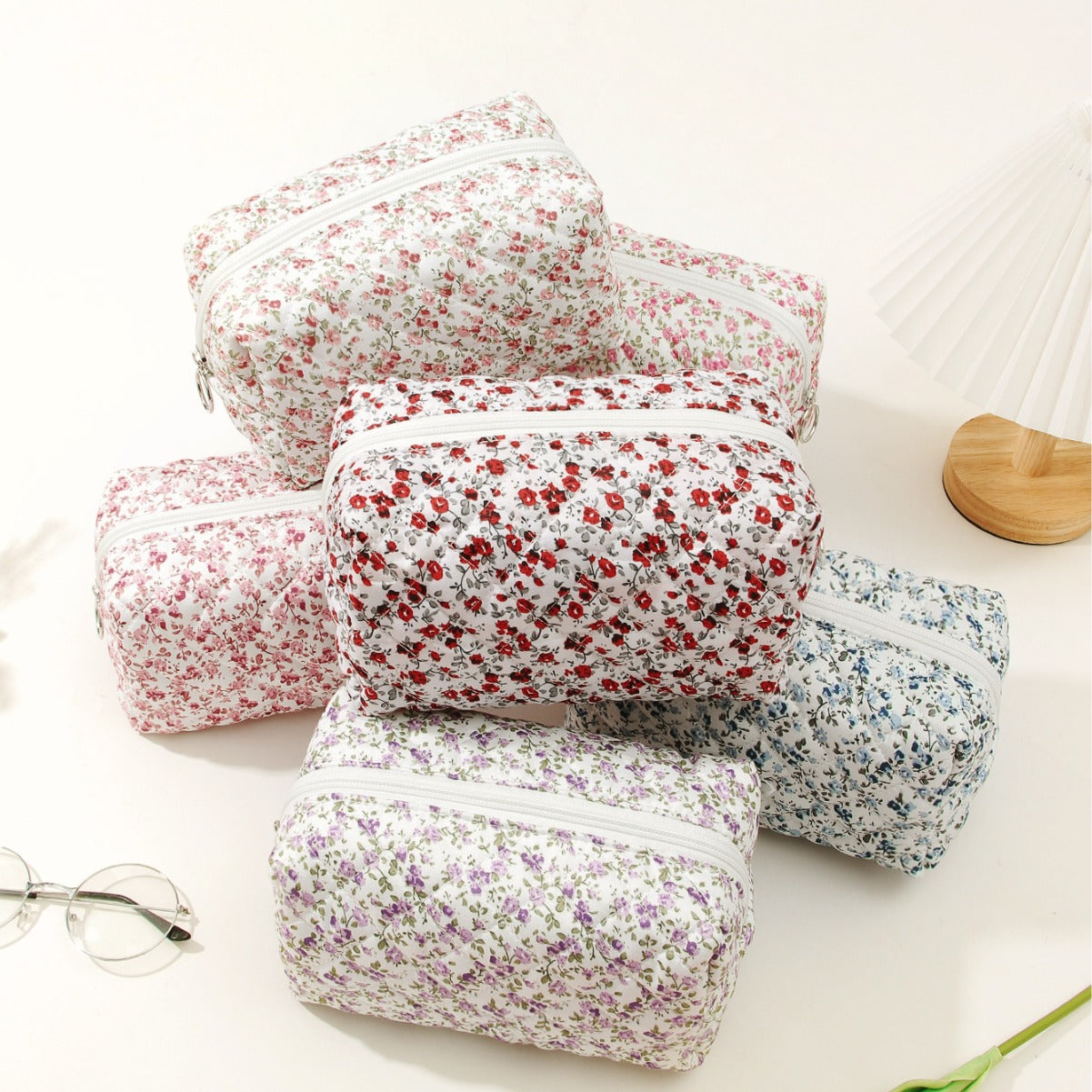 Small Floral Quilted Cotton Travel Cosmetic Bag