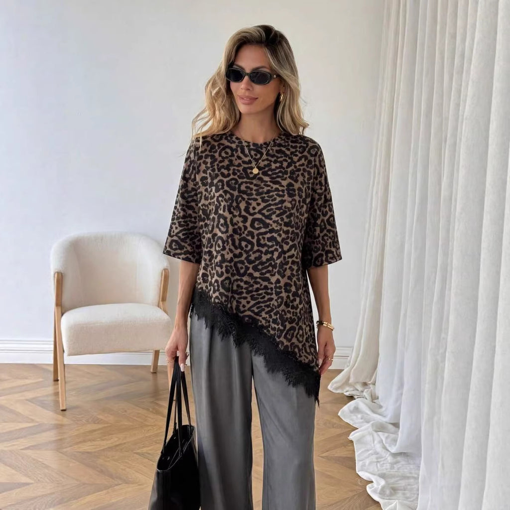 Women Leopard Print Stitching Lace Loose Short-Sleeve T-Shirt
