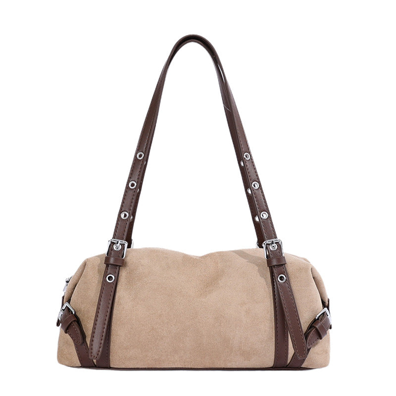 Vintage Studded Suede-Look Boston Shoulder Bag with Studded Straps