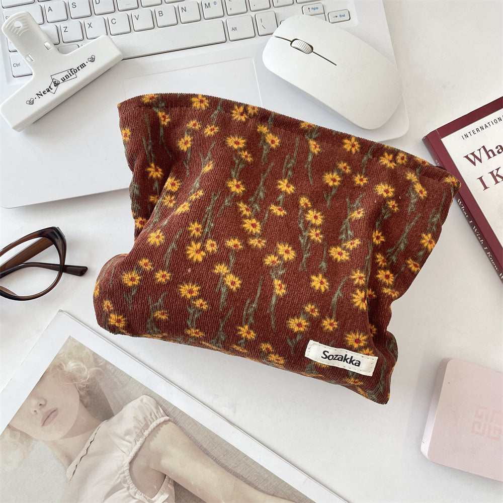 Corduroy Retro Flower Portable Cosmetic Bag