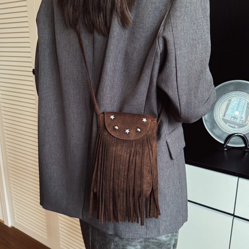 Suede Fringe Crossbody Bag with Star Studs