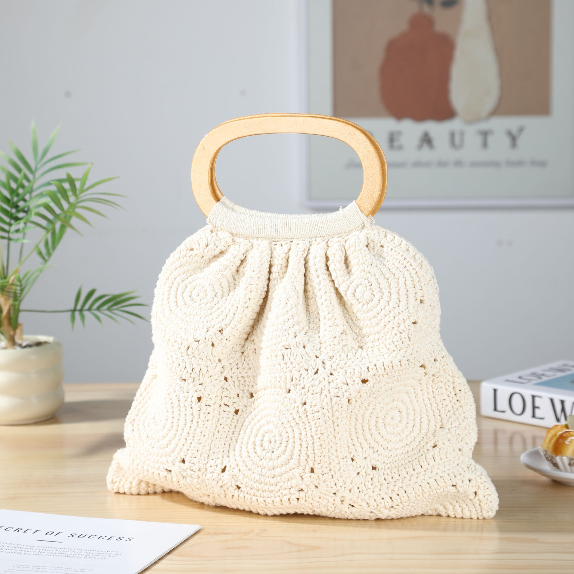 Boho Handwoven Crochet Tote Bag Handle Summer Purse