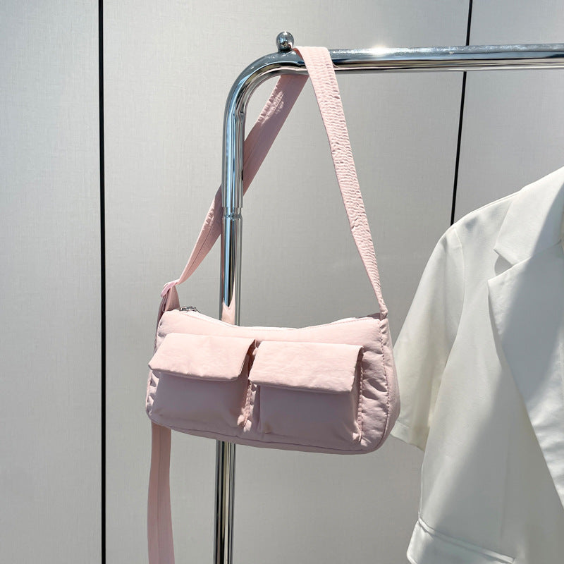 Cross-Border Waterproof Nylon Cloth Bag Ins Shoulder Bag 2025 Popular Women'S Bag Niche Style High-End Double Pocket Crossbody Bag