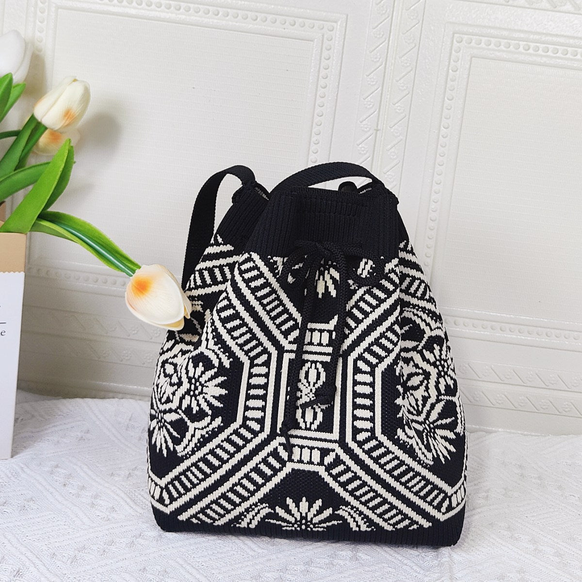 Knitted Drawstring Mini Bucket Shoulder Bag