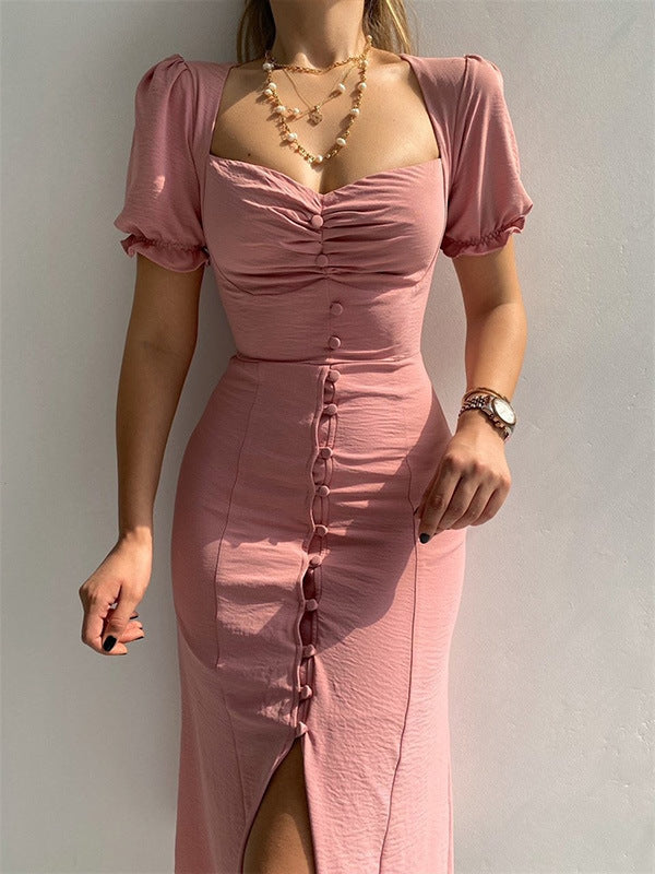 V-Neck Single-Breasted Mid-Length Dress