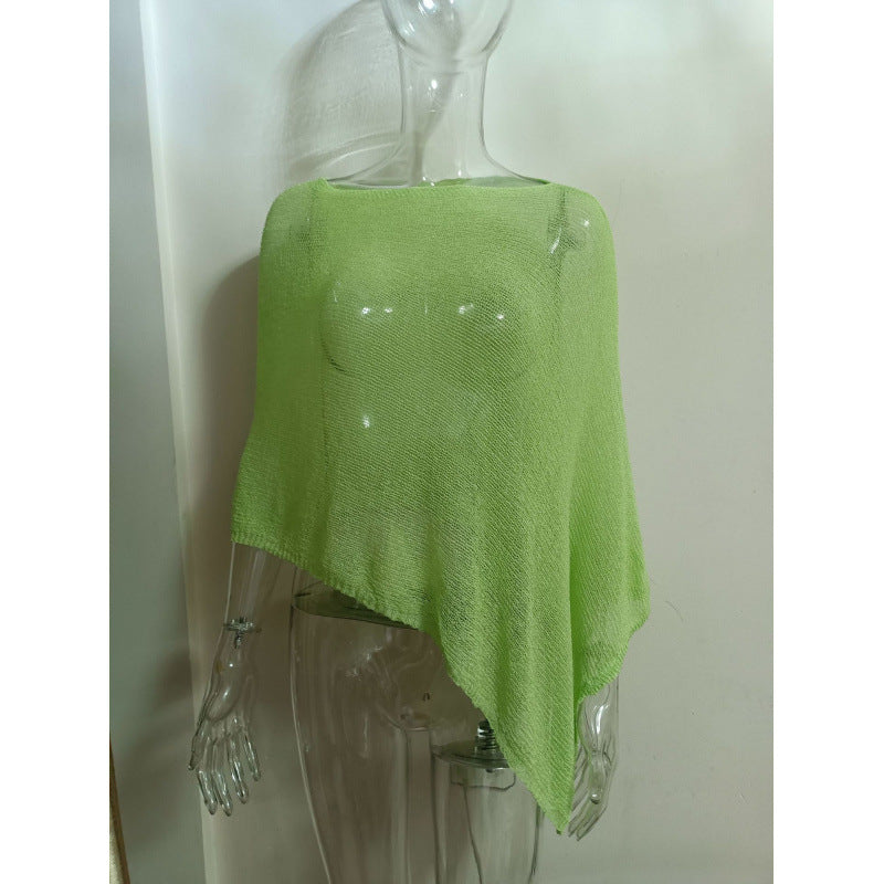 2025 Design Irregular Cape Shawl Sun Protection Shirt Women'S Season Loose Lazy Thin Ice Silk Knitted Sweater Top