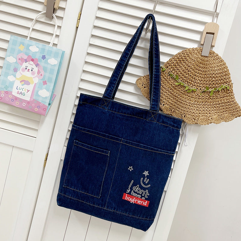 Cross-Border Denim Bag Shoulder Bag Women'S Casual Simple Korean Style Girls' Tote Bag Canvas Student Portable Tutoring Bag