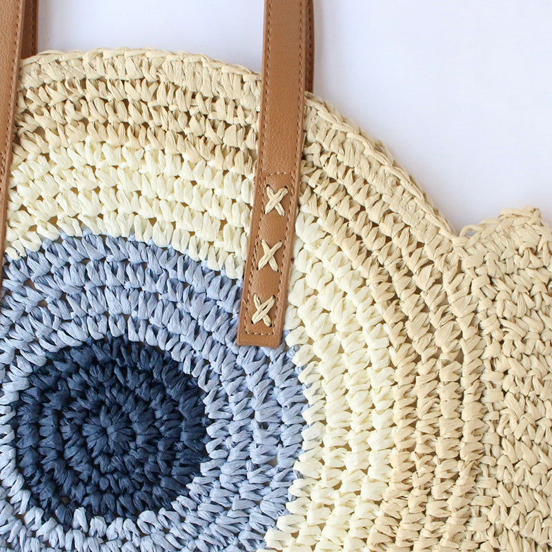 Women Color-Block Shoulder Handmade Woven Straw Beach Bag