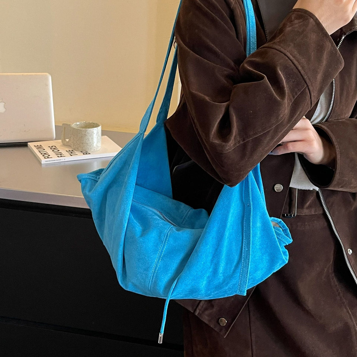 Soft Suede Look Slouchy Hobo Shoulder Bag