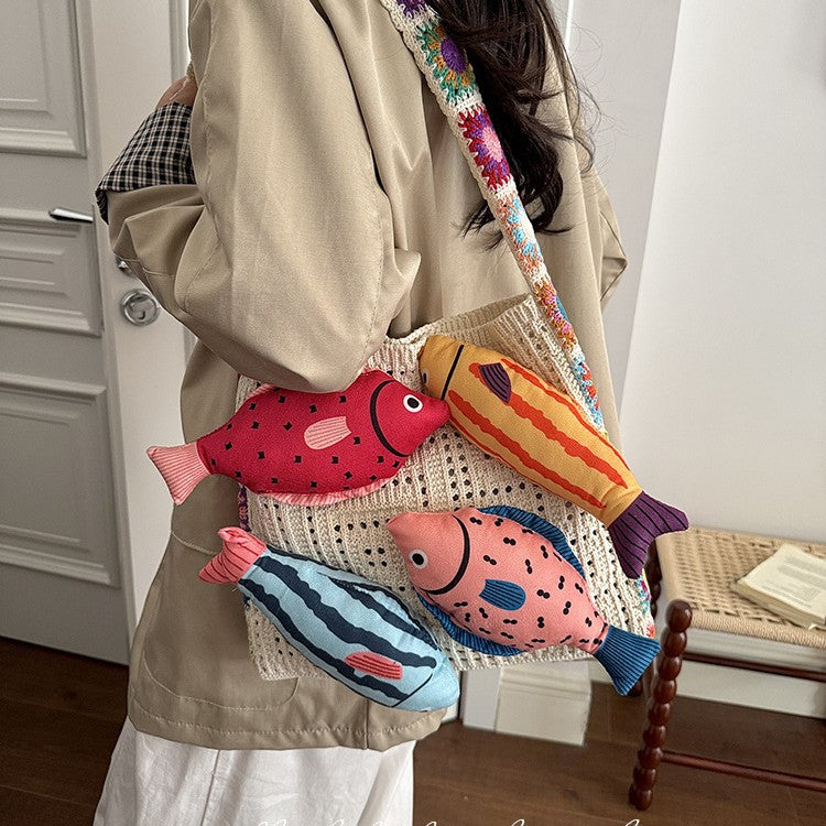 3D Fish Appliqué Granny Square Strap Mesh Knit Shoulder Bag