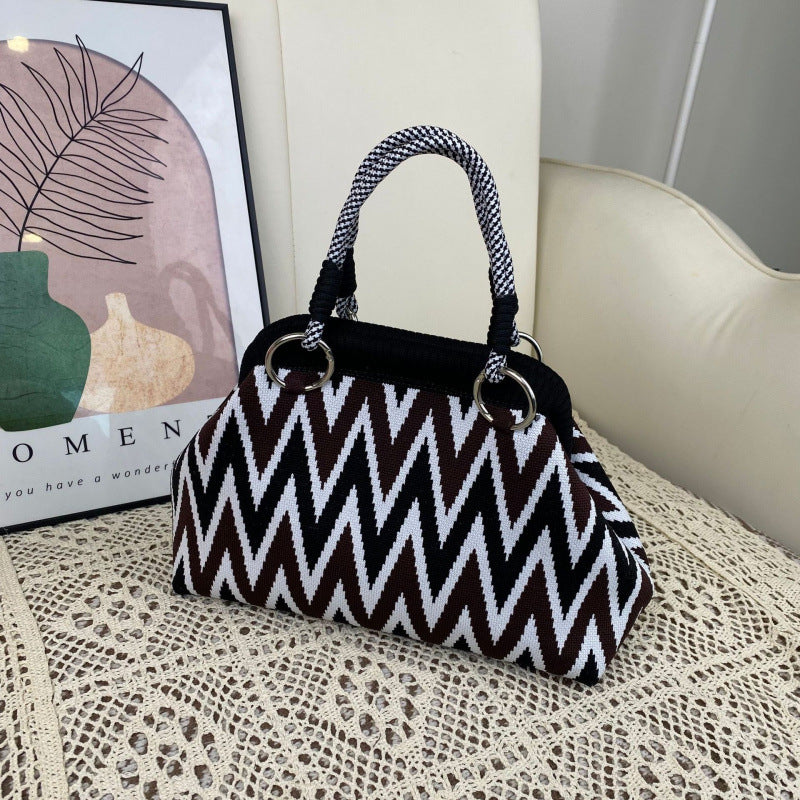 Floral Woven Rope Handle Dumpling Top Handle Bag