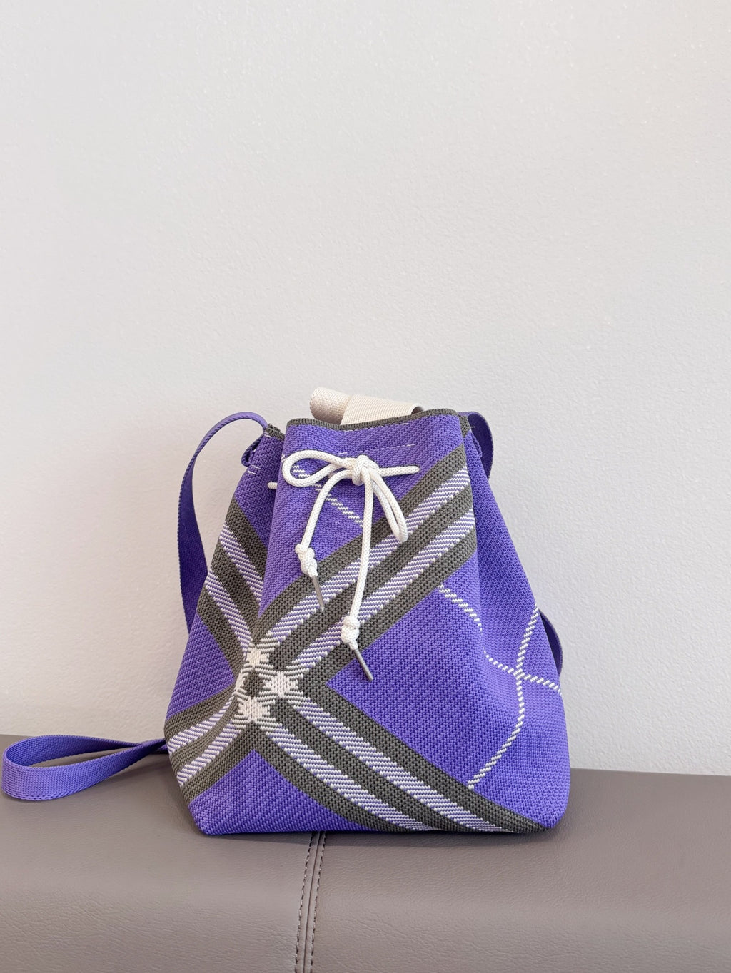 Geometric Knit Bucket Bag with Drawstring