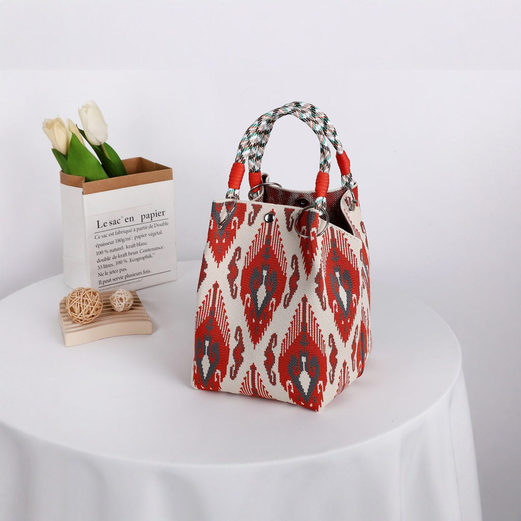 Boho Geometric Knit Tote Bag with Rope Handles