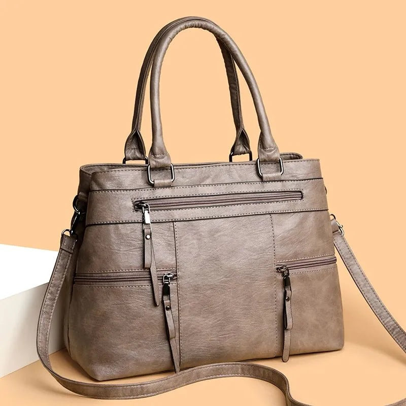 Large Vegan Leather Multi-Pocket Top Handle Satchel Bag