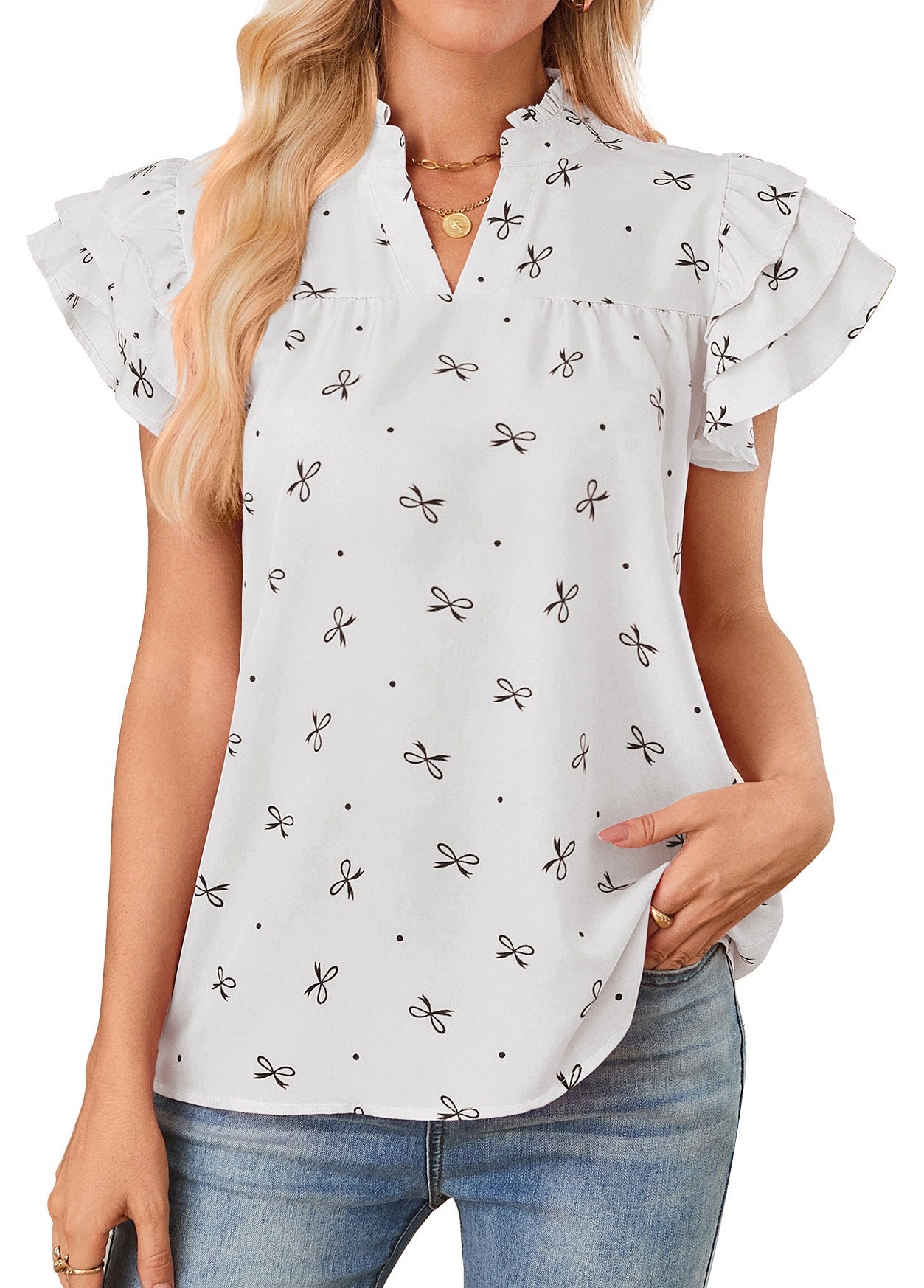 Women V-Neck Multi-Layered Ruffle Sleeves Sweet Chiffon Top