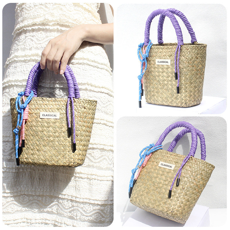 Handmade Colorful Straw Woven Beach Basket Bag