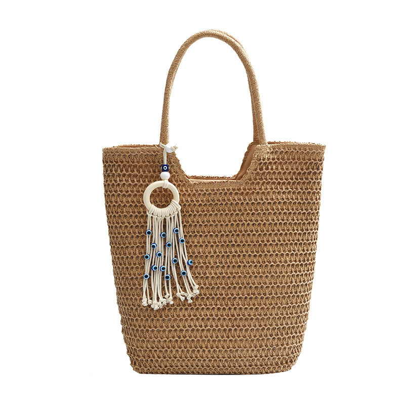 Woven Large Tote with Boho Tassel Charm