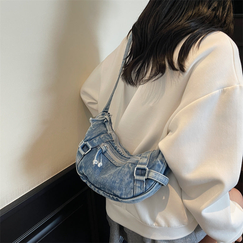Cross-Border Denim Bag For Women 2025 New Korean Version Fashionable Shoulder Crossbody Bag Versatile Commuter Dumpling Bag Wholesale
