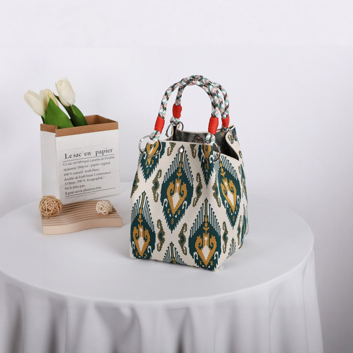 Boho Geometric Knit Tote Bag with Rope Handles