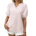 V-Neck Splicing Puff Sleeve Striped Top