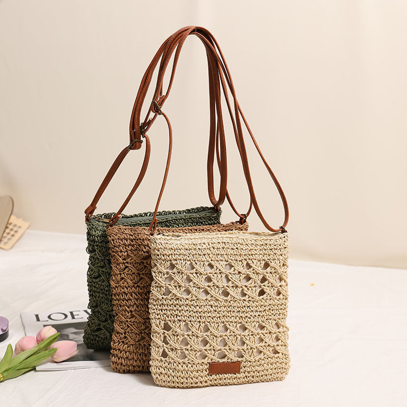 Hollow Crossbody Straw Vertical Woven Beach Bag