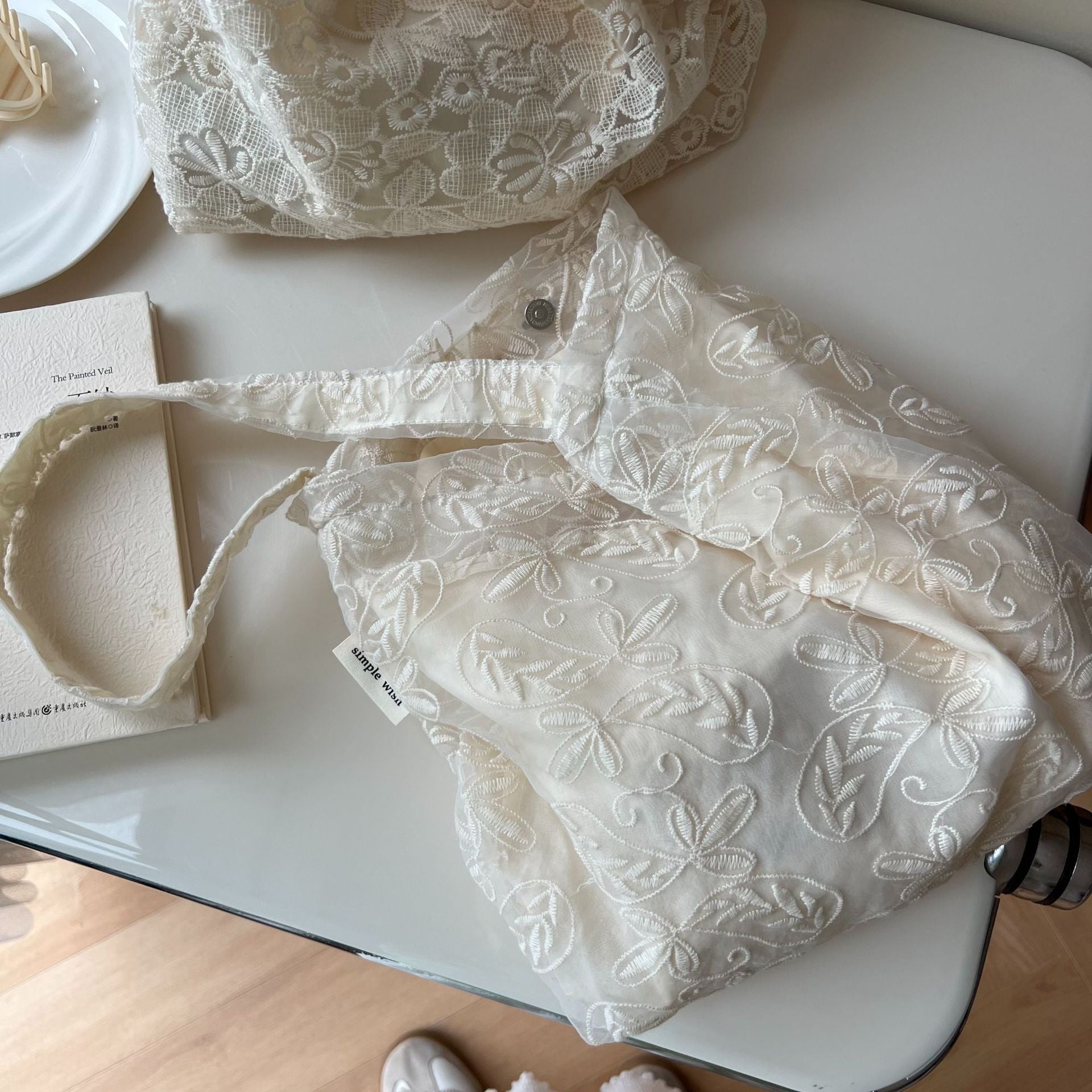 [Suxi Cloth Bag] French Lace Embroidered Gauze Cotton Bag Single Shoulder Underarm Women'S Canvas Bag Literary Simple Retro