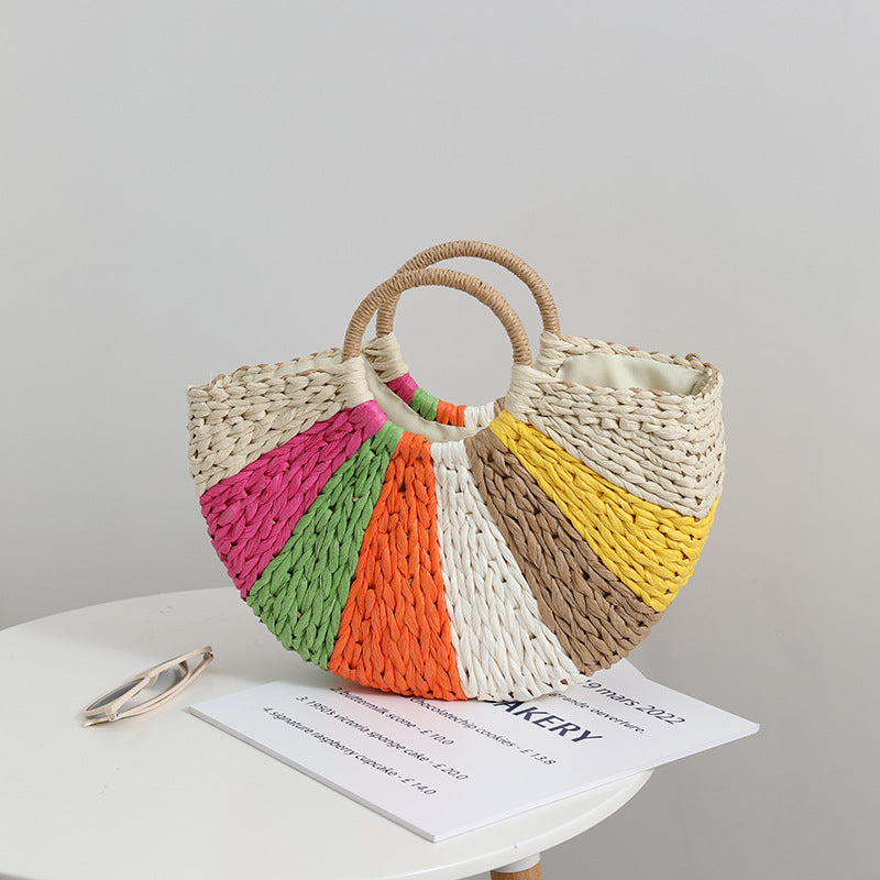 Rainbow Colorful Straw Woven Beach Bag