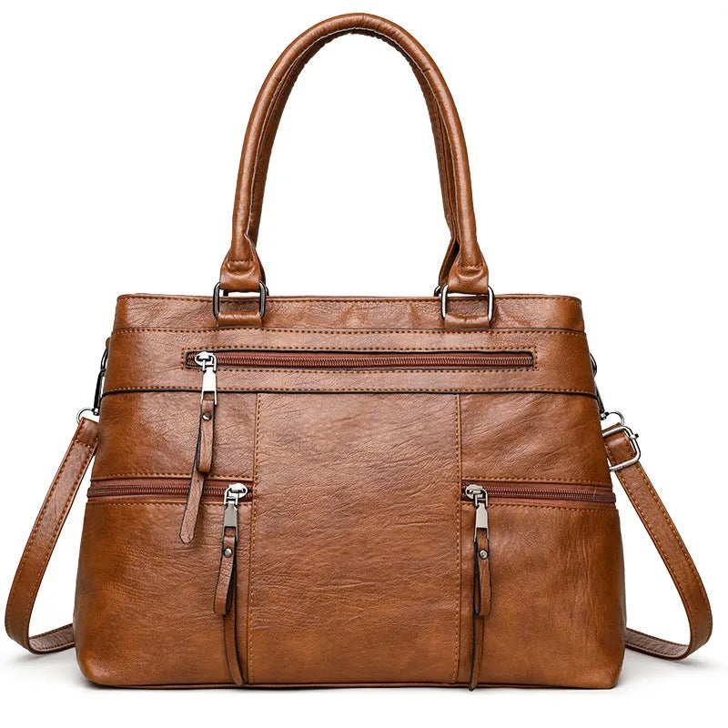 Large Vegan Leather Multi-Pocket Top Handle Satchel Bag