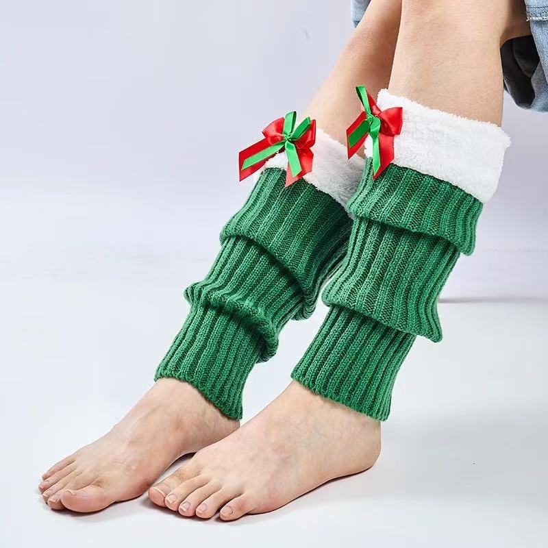 Christmas Faux Fur Cuffs and Bows Knit Leg Warmers