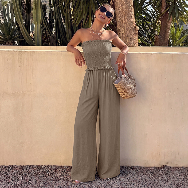 2026 Summer New Minimalist Relaxed Brown Textured Strapless Wide Leg Jumpsuit