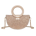 Rhinestone Embellished Half Moon Handbag with Braided Round Handles