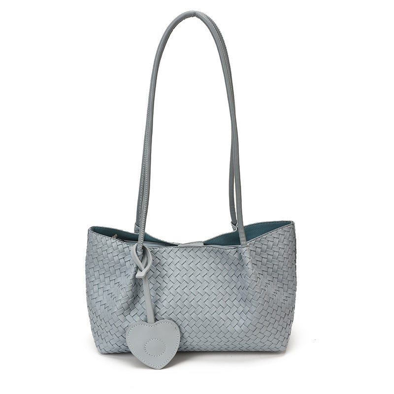 Woven PU Leather Shoulder Tote Bag with Heart Charm