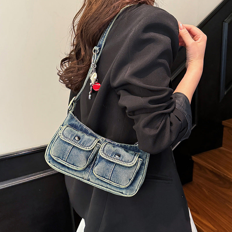 2026 Spring Denim Bag, Fashion Versatile Baguette Armpit Shoulder Bag