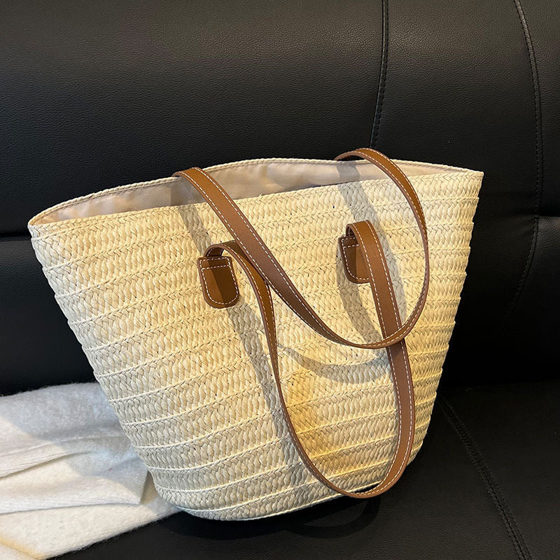 Women Straw Beach Black Stripe 2026 New Casual Summer Shoulder Tote Bag