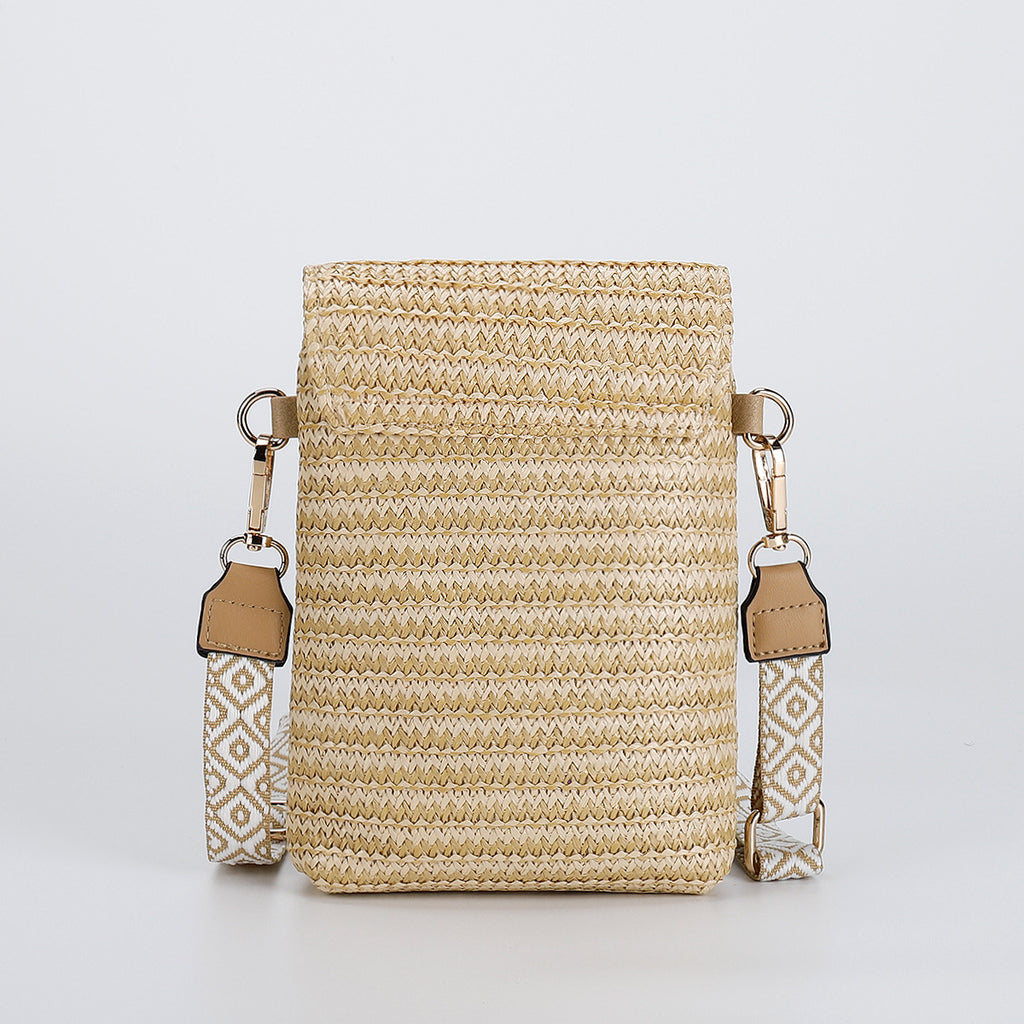 Women Luxury Straw Crossbody Bag, Fashion Beaded Woven Phone Shoulder Bag